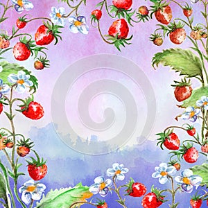 Watercolor greeting card, invitation with a plant strawberry. Blossoming bush with a red berry and flower.