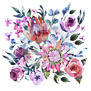 Watercolor greeting card with protea flowers, roses, wildflowers.. Exotic pink bouquet, eucalyptus, twigs and leaves