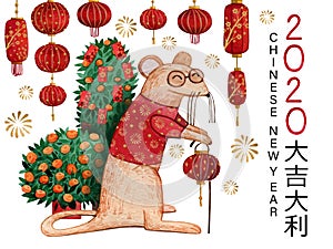 Watercolor greeting card with rat grandfather for Chinese New Year celebration.