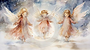 Watercolor greeting card on which three angels run on clouds and behind them is the night sky with the northern lights