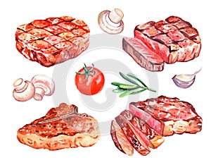 Watercolor grilled beef steaks with mushrooms, pepper, tomato, fries. Hand drawn illustration isolated on white.