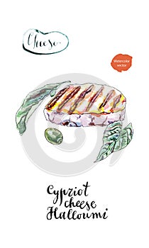 Watercolor grilled slice of Cypriot halloumi cheese. With grill photo