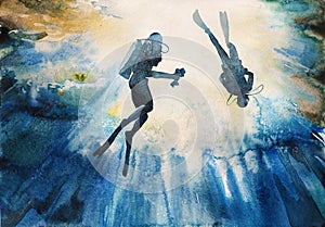 Watercolor group of divers in the depth of ocean. Original illustration of two divers in different poses, on dramatic underwater