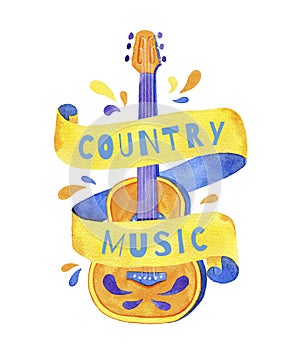 Watercolor guitar with text on the ribbon. Country music festival. Cute cartoon illustration. Hand drawn illustration