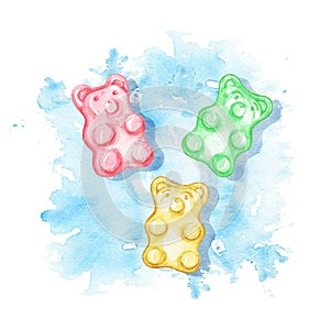 Watercolor  gummy bears on blue stain background