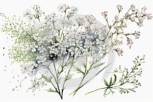 About Watercolor Gypsophila Babys Breath Flower Floral Clipart, Isolated on White Background.