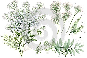 About Watercolor Gypsophila Babys Breath Flower Floral Clipart, Isolated on White Background.