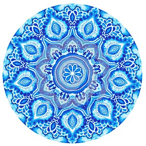 Watercolor gzhel. Doily round lace pattern, circle background wi