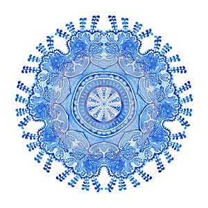 Watercolor gzhel. Doily round lace pattern, circle background wi