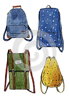 Watercolor had drawn illustration set of blue, green and yellow backpacks