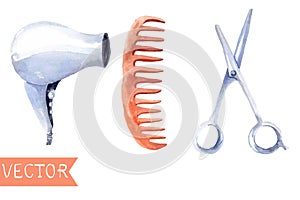 Watercolor hair dryers, scissors and comb photo