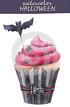 Watercolor Halloween cake. Pink sweet cake with a bat topper and stars.