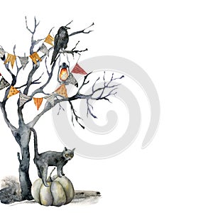 Watercolor halloween card with black tree and cat. Hand painted holiday template with crow, flag garlands, tomcat and