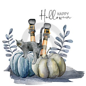 Watercolor halloween card with cat and pumpkins. Hand painted holiday template with gourds, tomcat and feet witch photo