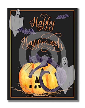 Watercolor Halloween card with Sleeping Black Cat on an orange pumpkin, ghost, bat on a dark background. Greeting card