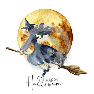 Watercolor halloween card with witch. Hand painted holiday template with cat and moon isolated on white background