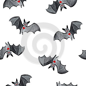 Watercolor halloween cute bats seamless pattern on white background