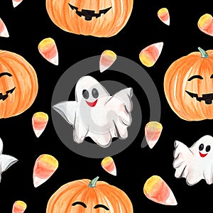 Watercolor halloween ghosts and orange pumpkins seamless pattern on black background