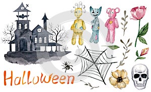 Watercolor Halloween illustartion. Icons set party isolated on white backgrounds for postcard, greeting card, invintaion