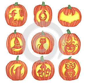 Watercolor Halloween illustration of Pumpkins Faces, Jack O Lanterns