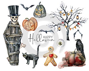 Watercolor halloween labels set. Hand painted holiday set with cat, pumpkin, coffin, bat, tree, skull, crow and eye