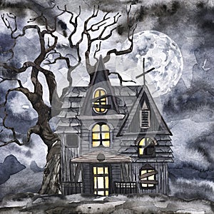 Watercolor Halloween night scene illustration with haunted house, dark sky, moon, dead tree. Hand painted background