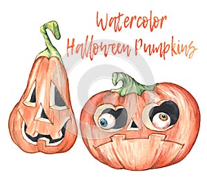 Watercolor Halloween objects collection including smiling pumpkin with teeth, flying ghost, sweet, witch hat.