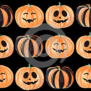 Watercolor halloween orange pumpkins faces seamless pattern on black background