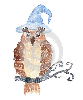 Watercolor Halloween owl on a branch with magic hat. Isolated on white background. Illustration for various products.