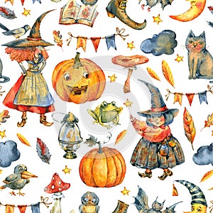 Watercolor Halloween party seamless pattern on white background.