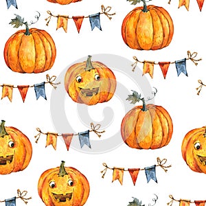 Watercolor Halloween party seamless pattern on white background