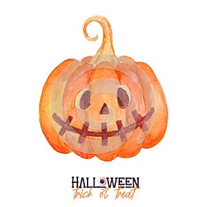 Watercolor Halloween pumpkin. Jack o lantern isolated on white background.