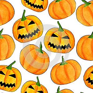 Watercolor halloween pumpkin seamless pattern. Hand drawn jack-o-lantern face illustration. Scary background design for wrapping