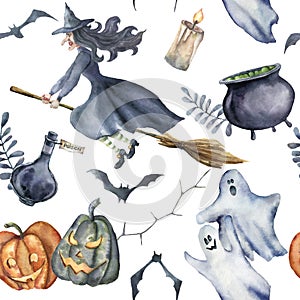 Watercolor Halloween seamless pattern. Hand painted Halloween symbols on white background. Pumpkins, witch hat, candy