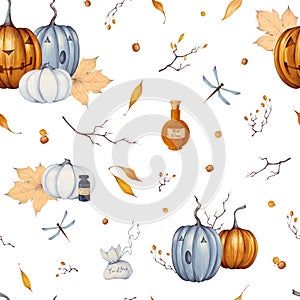 Watercolor Halloween seamless pattern with illustration of pumpkin, poison in a flask, branch, autumn leaves, berries