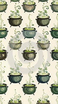 Watercolor Halloween Seamless Pattern with Witchs Cauldron and Green Potion
