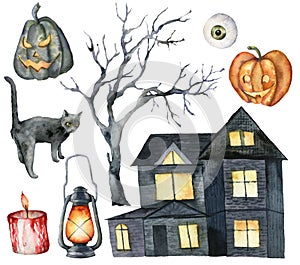 Watercolor halloween set with glowing holiday elements. Hand painted set with cat, pumpkin, house, lantern, tree, candle