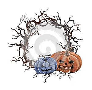 Watercolor Halloween wreath with creepy Jack O lantern pumpkins and dead tree branches, isolated
