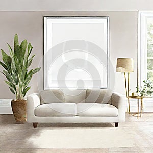 Watercolor of Hampton chic living room with picture frame digitally