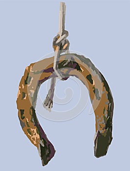 Watercolor hand drawing of old rusty horseshoe hanging on rope