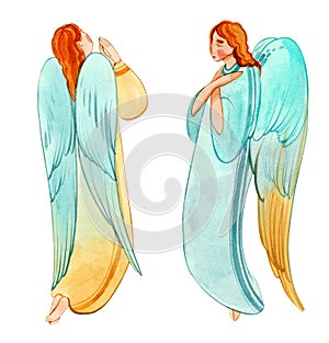 Watercolor hand drawn angels isolated on white background. Praying, flying, blessing.