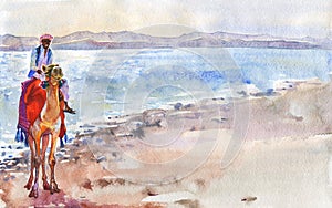 Watercolor hand drawn arabian man on camel on beach