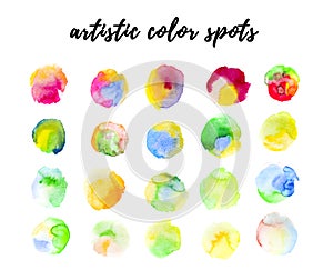 Watercolor hand drawn artistic color spots, paint drops on white background.