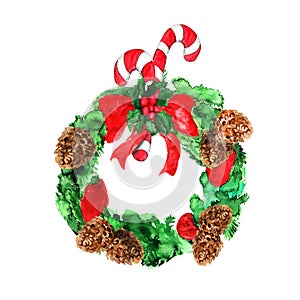 Watercolor hand drawn artistic colorful Christmas pine tree wreath vintage isolated on white background