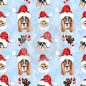 Watercolor hand drawn artistic colorful Christmas traditional vintage seamless pattern with pets in Santa hats