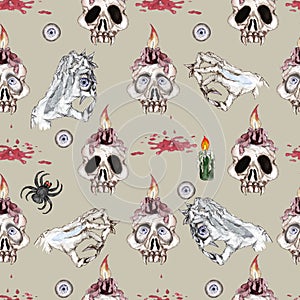 Watercolor hand drawn artistic colorful Halloween spooky  vintage seamless pattern