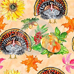 Watercolor hand drawn artistic colorful Harvest Thanksgiving fall  turkey bird vintage seamless border
