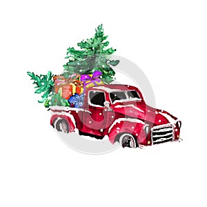 Watercolor hand drawn artistic colorful retro vintage car  with  Santa Christmas  tree and gift boxes  isolated on white backgroun