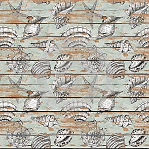 Watercolor hand drawn artistic colorful undersea ocean life seamless monochrome pattern on grunge wooden background