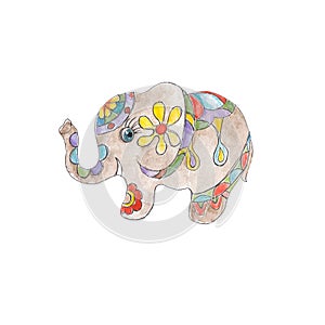 Watercolor hand drawn artistic retro Indian ornated baby elephant vintage icon  isolated on white background